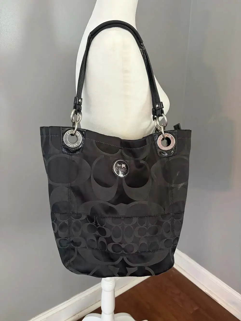 Coach Alex Signature Sateen Black Patent Leather Tote Shoulder Bag